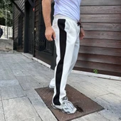 Erkek Üç İplik Kışlık Pamuklu Yandan Garneli Kalın Şeritli Cepli Eşofman Altı - Beyaz - 3