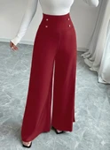 Kadın Yüksek Bel Düğmeli Geniş Paçalı Ithal Krep Pantolon thumbnail 3