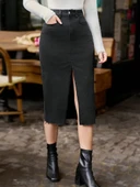 Kadın Yüksek Bel önden Yırtmaçlı Cepli Midi Kot Etek thumbnail 2