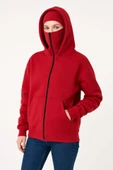 Samuray Ninja Çift Kapüşonlu Hoodie Oversize Kanguru Cepli, Bahar - Kışlık Fermuarlı Sweatshirt- Kırmızı thumbnail 1