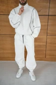Erkek Premium Parçalı Eşofman Takım - Dik Yaka Fermuarlı Biyeli Sweatshirt Lastik Paça Alt, Oversize 3 Iplik Şardonlu - Beyaz thumbnail 3