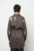 Kadın Uzun Tesettüre Uygun Nakış Ve Boncuk İşlemeli Kahverengi Ceket - 4