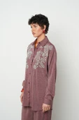 Kadın Robası Taş İşlemeli Bordo Renk Oversize Kesim Gömlek - 3