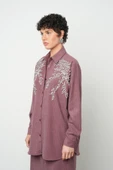 Kadın Önü Taş İşlemeli Çizgili Oversize Gömlek - 7