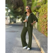 Lucky Life Kadın Uzun Kollu Kapşonlu Onu şerit Detaylı Fermuarlı Viskon Iki Iplik Bluz Ve Pantolon Ikili Takım - 1