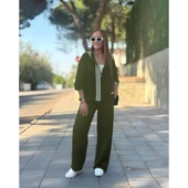 Lucky Life Kadın Uzun Kollu Kapşonlu Onu şerit Detaylı Fermuarlı Viskon Iki Iplik Bluz Ve Pantolon Ikili Takım - 3