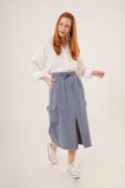 Ön Yırtmaçlı Cep Detaylı İndigo Etek thumbnail 4
