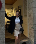 ŞANELKAPAKLI ÇOBAN DİKİŞ DETAYLI KISA ETEK - Bej thumbnail 1