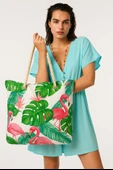 B.Y. Trend Kadın Plaj Çantası Flamingo Desen Yeşil 1102 thumbnail 2