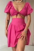 Fuşya Brode Crop Ve Mini Etek Takım thumbnail 3