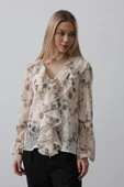 Volanlı Çiçek Desen Şifon Gömlek - Krem thumbnail 1