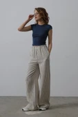 Çizgili Pamuklu Lastikli Pantolon - Bej-Lacivert thumbnail 1
