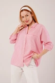 Cep Detay Çizgili Oversize Pembe Gömlek thumbnail 1