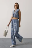 Baskılı Önü Bağlamalı Yelekli Takım - İndigo thumbnail 2