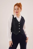 Düğme Ve Ön Dikiş Detaylı Lacivert Jean Yelek - 1