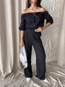 KETEN MADONNA YAKA KOL HASIR ŞERİT - PANTOLON TAKIM - Siyah thumbnail 4