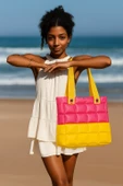 B.Y. Trend Kadın Plaj Çantası Sarı Pembe Şişme Omuz Çanta Br02 thumbnail 2
