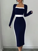 MDB Kadın Uzun Kollu Geometrik Yaka Midi Ithal Krep Elbise thumbnail 2