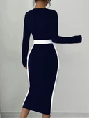 MDB Kadın Uzun Kollu Geometrik Yaka Midi Ithal Krep Elbise thumbnail 4