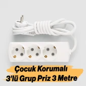 Kablolu 3'lü Topraklı Grup Priz Çoğaltıcı Çoçuk Korumalı 3 Metre Çoklu Uzatma Kablosu Anahtarsız thumbnail 1