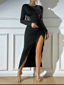 Kadın Krep Dalgıç Kumaş Taş Aksesuarlı Yırtmaç Detaylı Uzun Kollu Elbise thumbnail 2