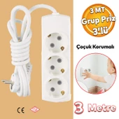 Kablolu 3'lü Topraklı Grup Priz Çoğaltıcı Çoçuk Korumalı 3 Metre Çoklu Uzatma Kablosu Anahtarsız thumbnail 2