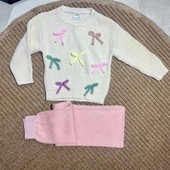 Fiyonk Aplikeli Triko Kız Çocuk Takımı – Bisiklet Yaka Kazak & Triko Pantolon - 4