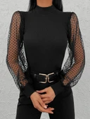 Kadın Siyah Kolu Tül Detaylı Yarım Balıkçı Kaşkorse Bluz thumbnail 9
