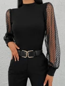 Kadın Siyah Kolu Tül Detaylı Yarım Balıkçı Kaşkorse Bluz thumbnail 8