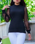 Kadın Siyah Kolu Tül Detaylı Yarım Balıkçı Kaşkorse Bluz thumbnail 4