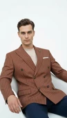 Plus Scorpion Kahverengi Çizgili Erkek Kruvaze Blazer Ceket – İtalyan Kesim, Modern Şıklık thumbnail 1