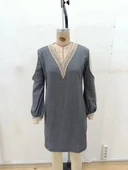 MDB Kadın Uzun Kollu Omuzdan Açık V Dantel Yakalı Mini Waffle Elbise thumbnail 6