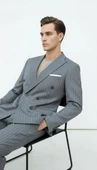 Plus Scorpion Gri Çizgili Erkek Kruvaze Blazer Ceket – İtalyan Kesim, Şık ve Modern Tarz thumbnail 2
