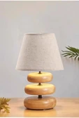 Afro Masif Ahşap Ayaklı Krem Keten Kumaş Şapkalı Dekoratif Abajur thumbnail 1