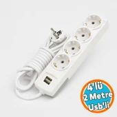 Topraklı Grup Priz Kablolu USB'li 4'lü 2 Metre Fiş Çoğaltıcı 2 Metre Çoklu Asmalı Uzatma Kablosu Anahtarsız thumbnail 1