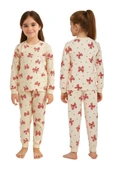 Ekru Renk Kırmızı Fiyonk Baskılı Kız Çocuk Pijama Takımı thumbnail 5