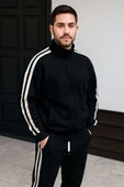 Erkek Çift Şeritli Eşofman Takım Dik Yaka Fermuarlı Sweatshirt Boru Paça Alt, Oversize 3 iplik Pamuklu - Siyah thumbnail 1