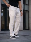Erkek Keten Cepli Çıma Dikişli jogger Buggy Pantalon Rahat kalıp - Beyaz thumbnail 1