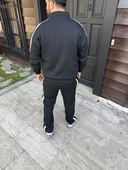 Erkek Çift Şeritli Eşofman Takım Dik Yaka Fermuarlı Sweatshirt Boru Paça Alt, Oversize 3 iplik Pamuklu - Siyah thumbnail 5