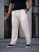 Erkek Keten Cepli Çıma Dikişli jogger Buggy Pantalon Rahat kalıp - Beyaz thumbnail 4