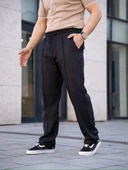 Erkek Keten Cepli Çıma Dikişli jogger Buggy Pantalon Rahat kalıp - Siyah thumbnail 3