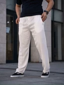 Erkek Keten Cepli Çıma Dikişli jogger Buggy Pantalon Rahat kalıp - Beyaz thumbnail 3