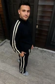 Erkek Çift Şeritli Eşofman Takım Dik Yaka Fermuarlı Sweatshirt Boru Paça Alt, Oversize 3 iplik Pamuklu - Siyah thumbnail 6