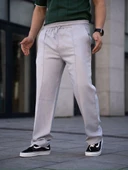 Erkek Keten Cepli Çıma Dikişli jogger Buggy Pantalon Rahat kalıp - Gri thumbnail 4