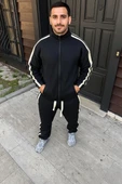 Erkek Çift Şeritli Eşofman Takım Dik Yaka Fermuarlı Sweatshirt Boru Paça Alt, Oversize 3 iplik Pamuklu - Siyah thumbnail 2
