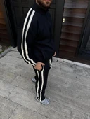 Erkek Çift Şeritli Eşofman Takım Dik Yaka Fermuarlı Sweatshirt Boru Paça Alt, Oversize 3 iplik Pamuklu - Siyah thumbnail 3