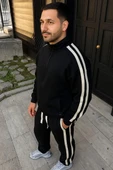 Erkek Çift Şeritli Eşofman Takım Dik Yaka Fermuarlı Sweatshirt Boru Paça Alt, Oversize 3 iplik Pamuklu - Siyah thumbnail 4