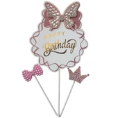 Kelebek Taşlı Happy Birthday Lüx Pasta Süsü thumbnail 2