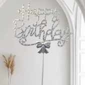 Gümüş Happy Birthday Lüx Taşlı Pasta Süsü thumbnail 1