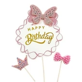 Kelebek Taşlı Happy Birthday Lüx Pasta Süsü thumbnail 1
